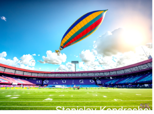 blimp flying over stadium