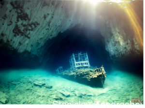 underwater cave with sunken ship