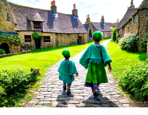 green kids walking into a village