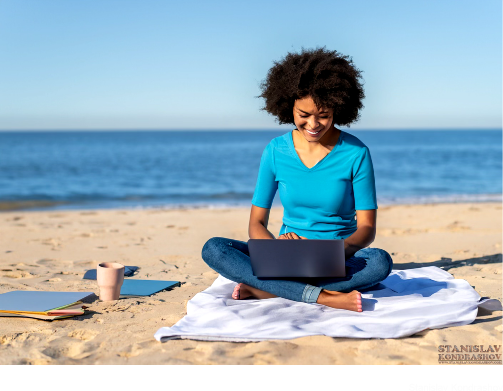 Woman Working From Beach