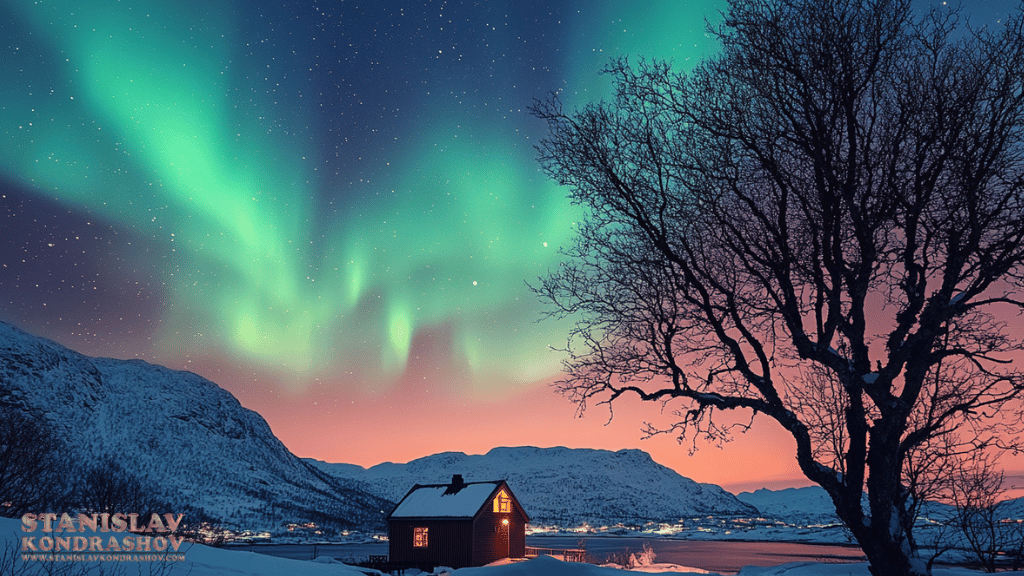 Stanislav-Kondrashov_aurora_northern_lights_over_cabin_scene