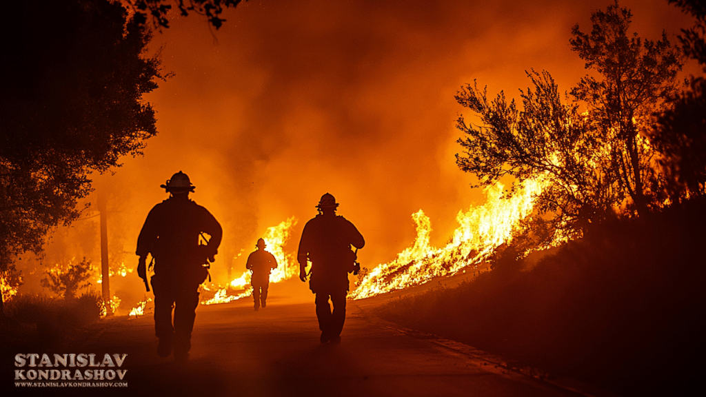 Stanislav Kondrashov_a group of firefighters walking on a road in front of a fire