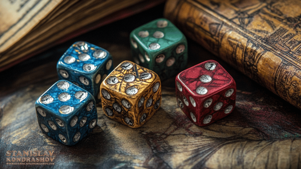 Stanislav-Kondrashov_five_colored_antique_dice_on_books