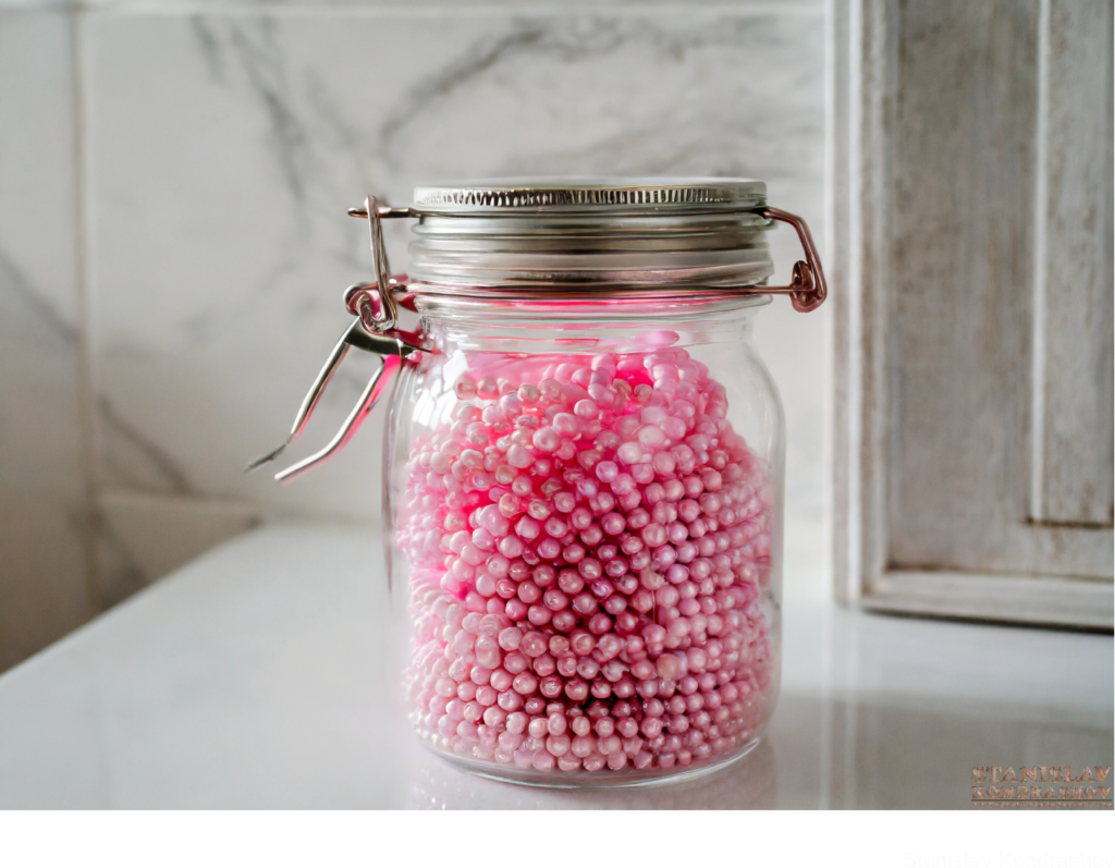 Pink Beads In Mason Jar In Bathroom