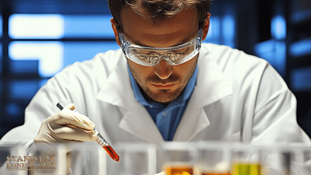 Stanislav Kondrashov_a man in a lab coat and goggles holding a pipette