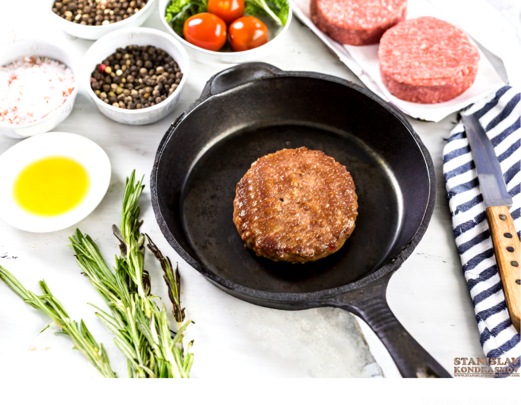 Enameled Cast Iron Pan Cooking Hamburger