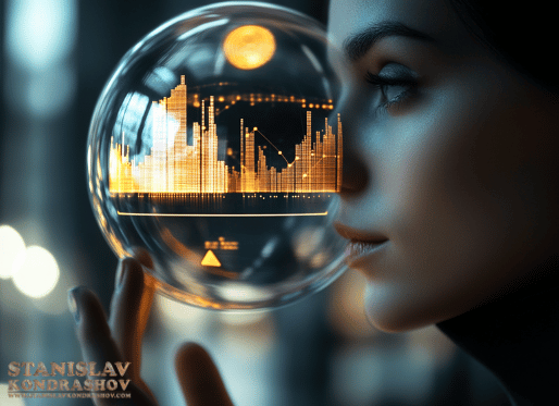 Stanislav Kondrashov_a woman looking at a glass bubble with a city graphic