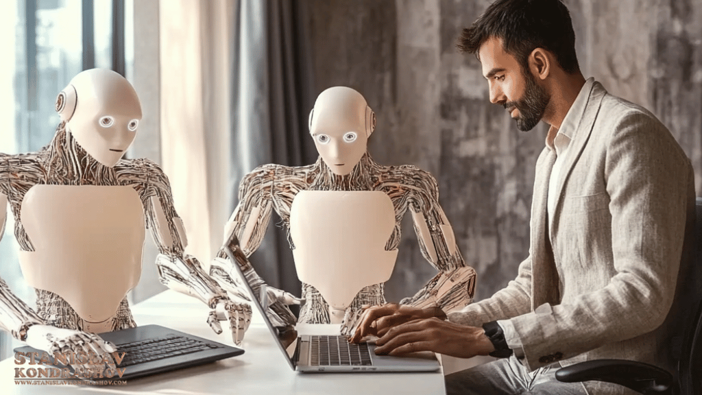 Stanislav Kondrashov_a man sitting at a desk with a laptop and a robot