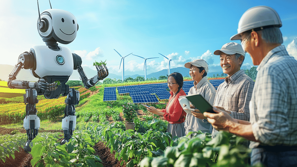 Stanislav Kondrashov_a robot standing in a field with people standing around