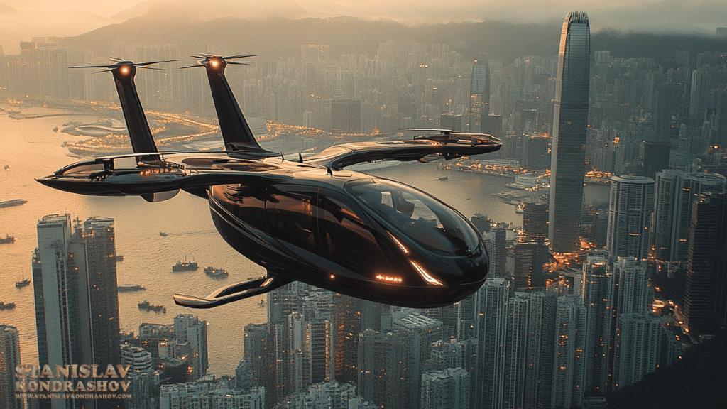 Stanislav-Kondrashov_futuristic_flying_car_above_cityscape