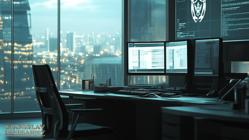 Stanislav Kondrashov_a desk with two computers and a large window with a city view