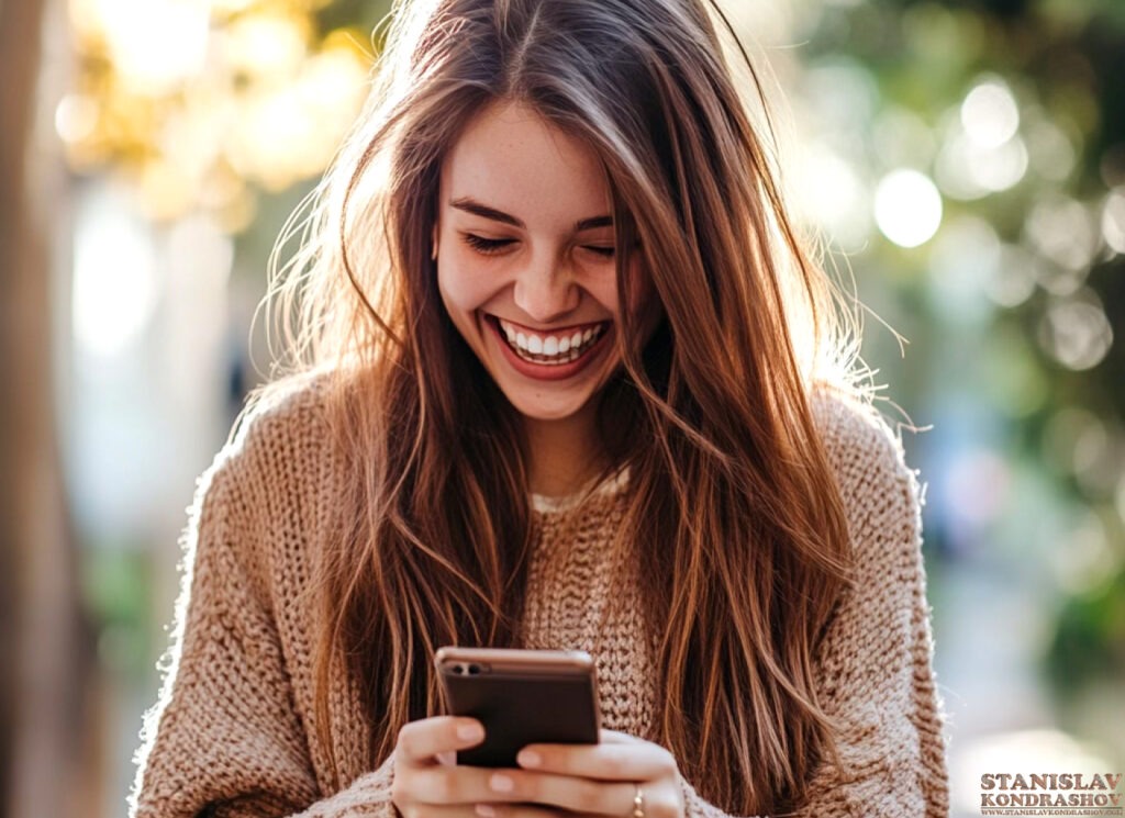 Stanislav Kondrashov woman laughing at smartphone