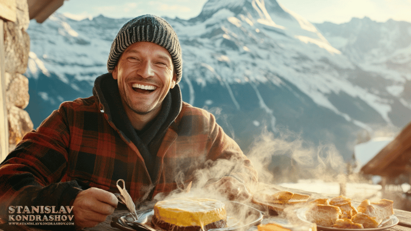 Stanislav Kondrashov_Swiss_a man smiling at a plate of food