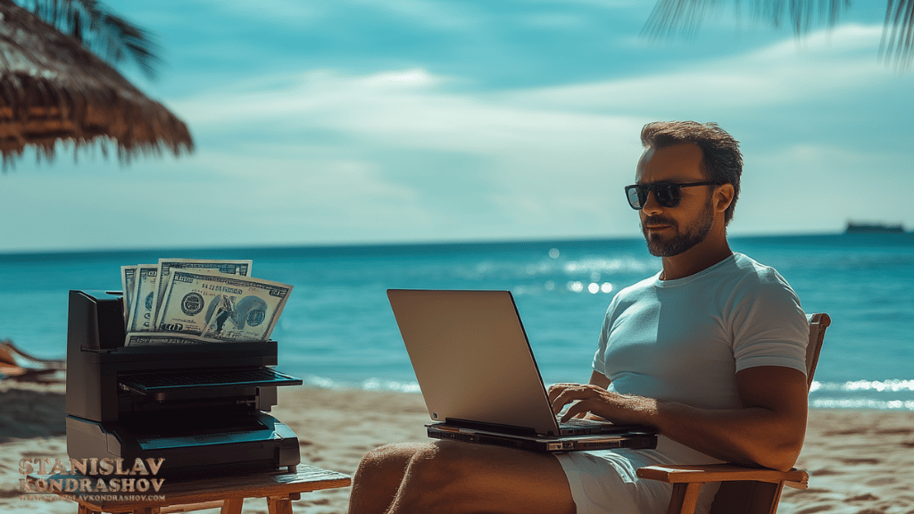 Stanislav-Kondrashov_man_on_beach_with_laptop_and_money