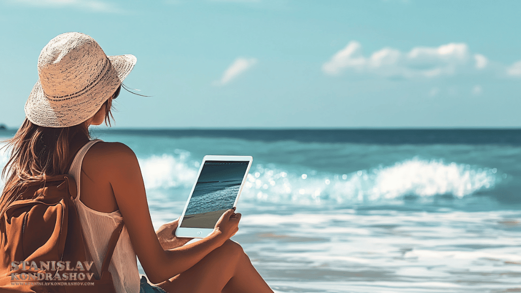 Stanislav-Kondrashov_woman_on_beach_with_tablet