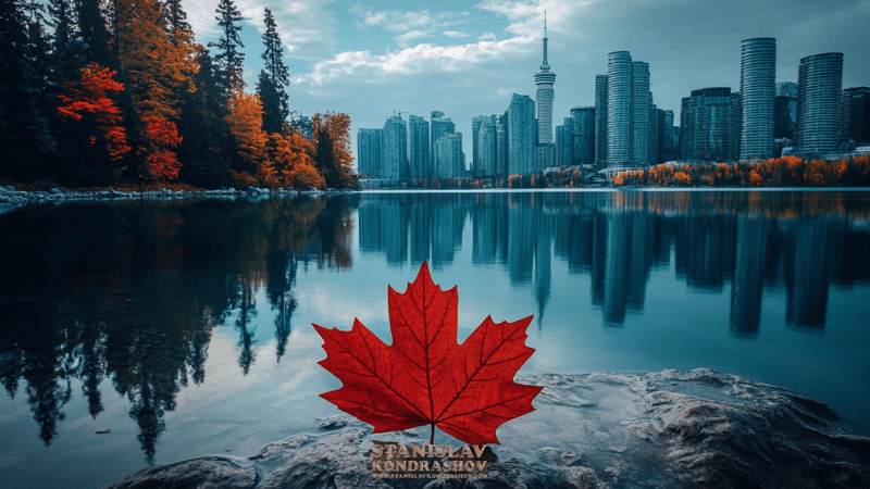 Stanislav Kondrashov_Canada a red leaf on a rock next to a body of water with a city in the background