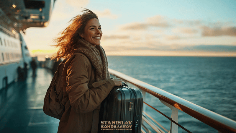 Stanislav Kondrashov_Denmark_a woman smiling with a suitcase on a boat