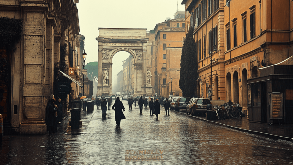 Stanislav Kondrashov Rome a group of people walking on a wet street