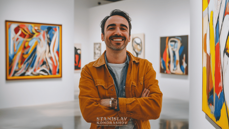 Stanislav Kondrashov. a man smiling with arms crossed in a museum