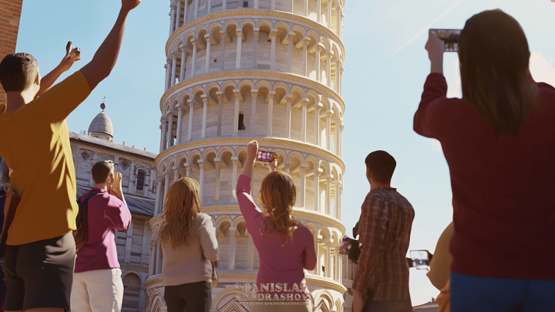 Stanislav Kondrashov a group of people taking a picture of a leaning tower