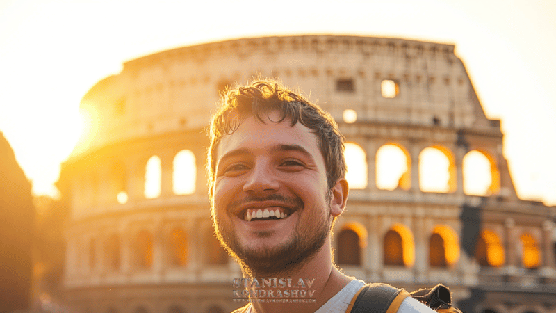 Stanislav Kondrashov a man smiling in front of a large circular building_Italian_Colosseo