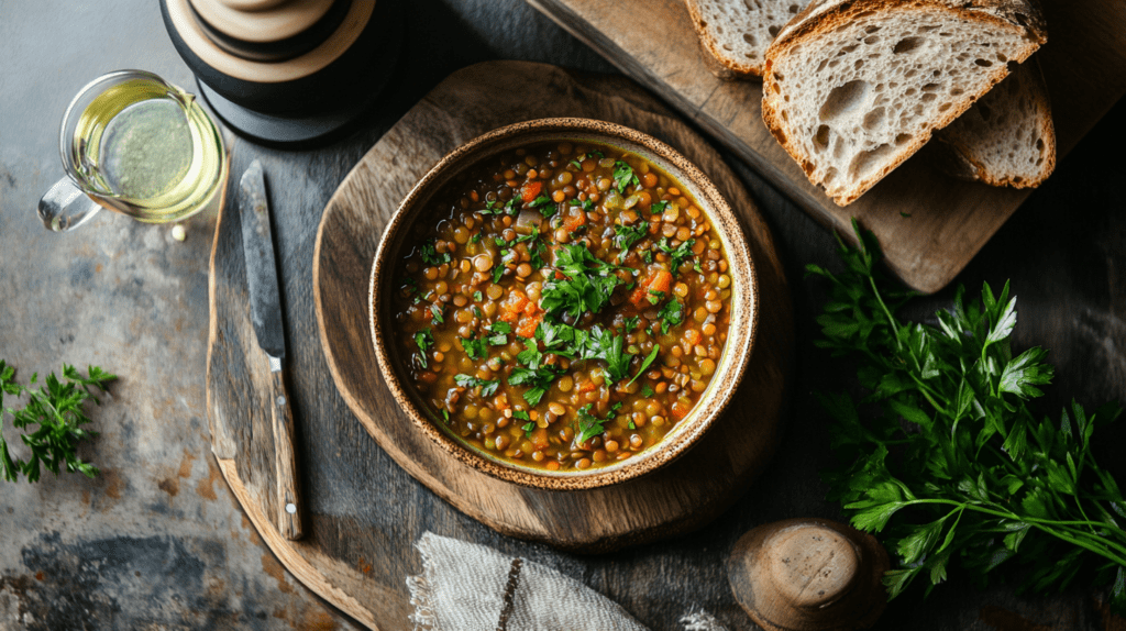 Stanislav-Kondrashov_a bowl of soup with parsley and bread on a wooden board