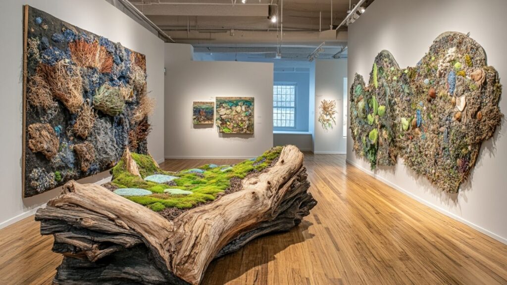 wooden art pieces showcasing environmental themes