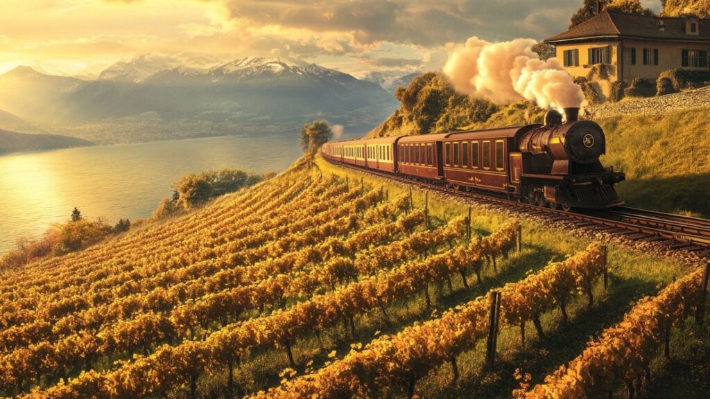 GoldenPass Line near vineyards above Lake Geneva