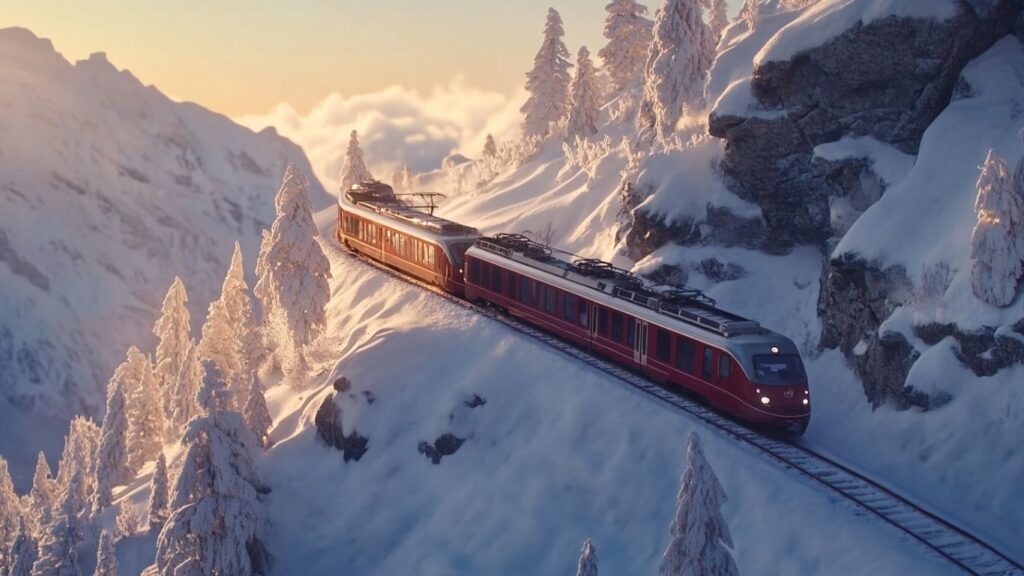 Glacier Express climbing through snowy Swiss Alps