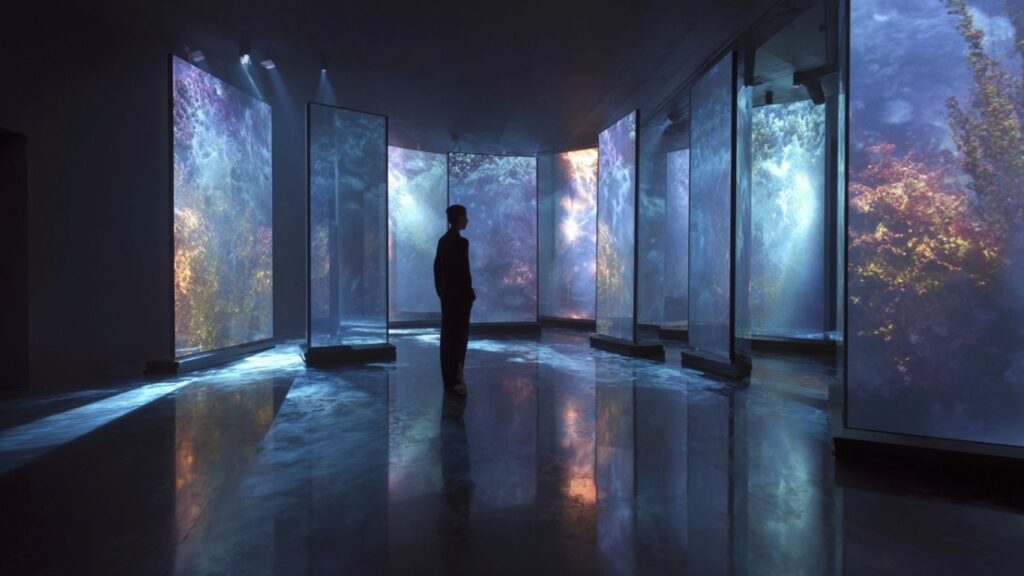 “AI in art collecting showcased in a futuristic digital gallery”