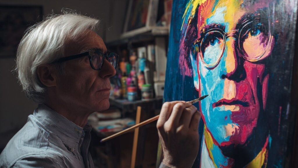“Warhol pop art style portrait creation using silkscreen method”