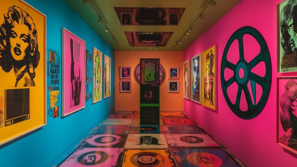 “Colorful Warhol-style art studio with film and silkscreen prints”