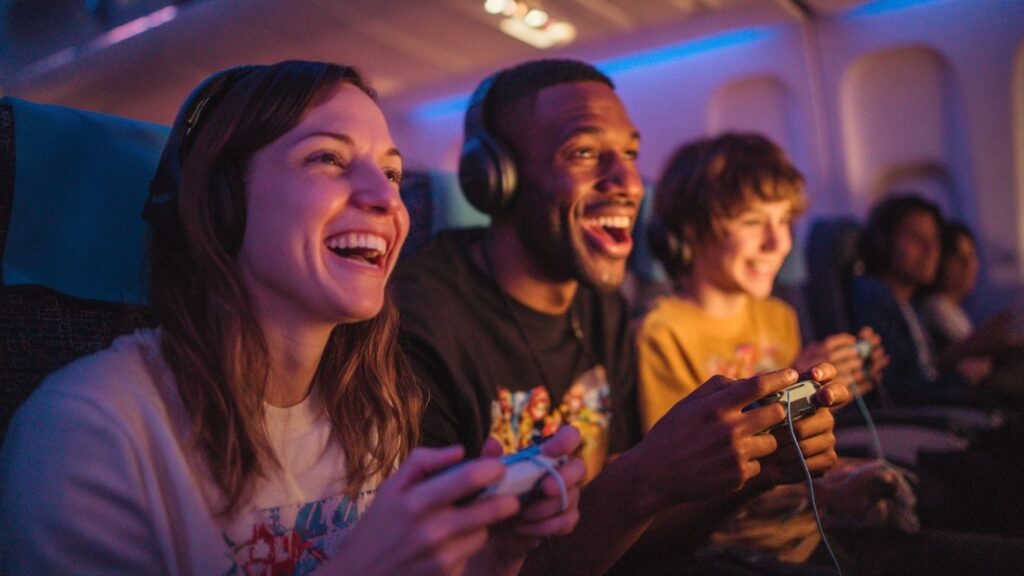 “Family enjoying travel games on a flight with digital devices”