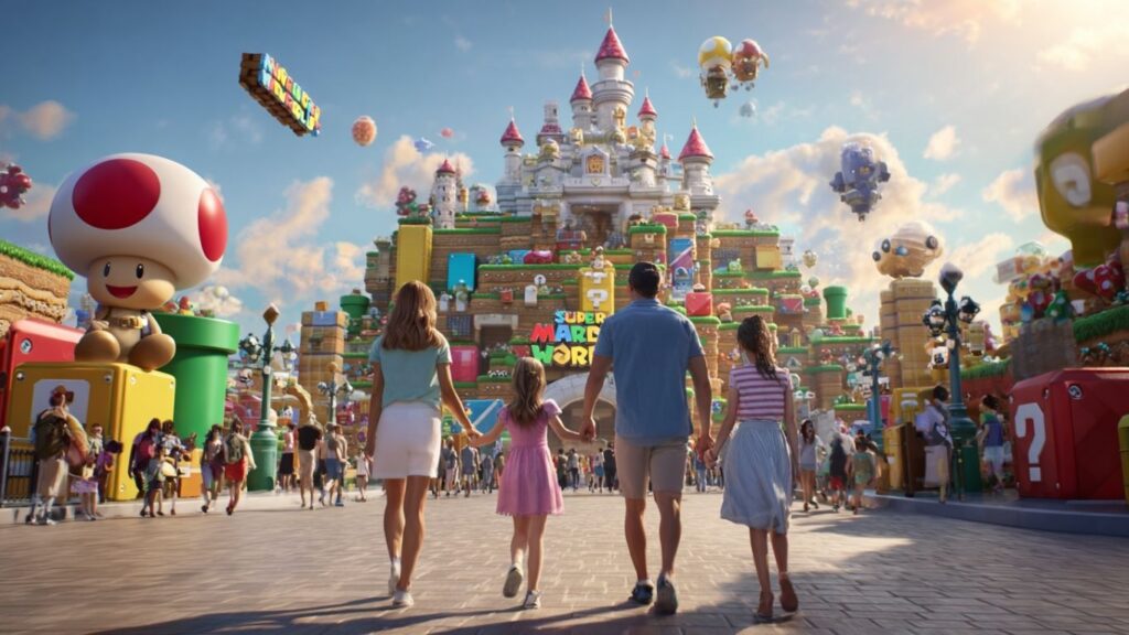 “Family exploring gaming-themed destination park”