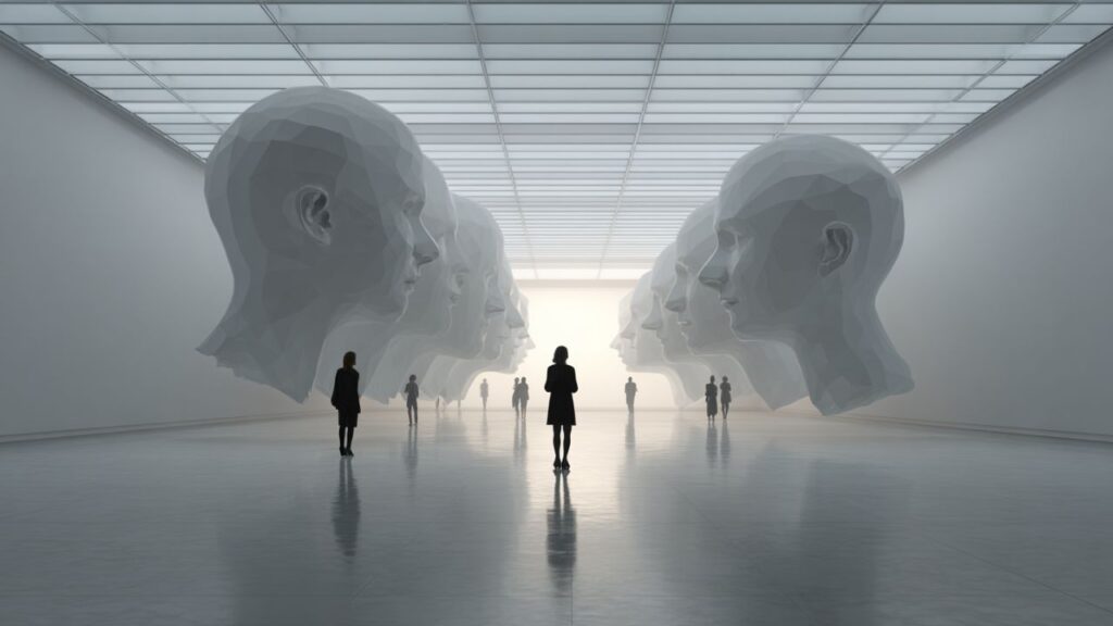 Conceptual digital artwork in minimalist gallery exploring culture and technology