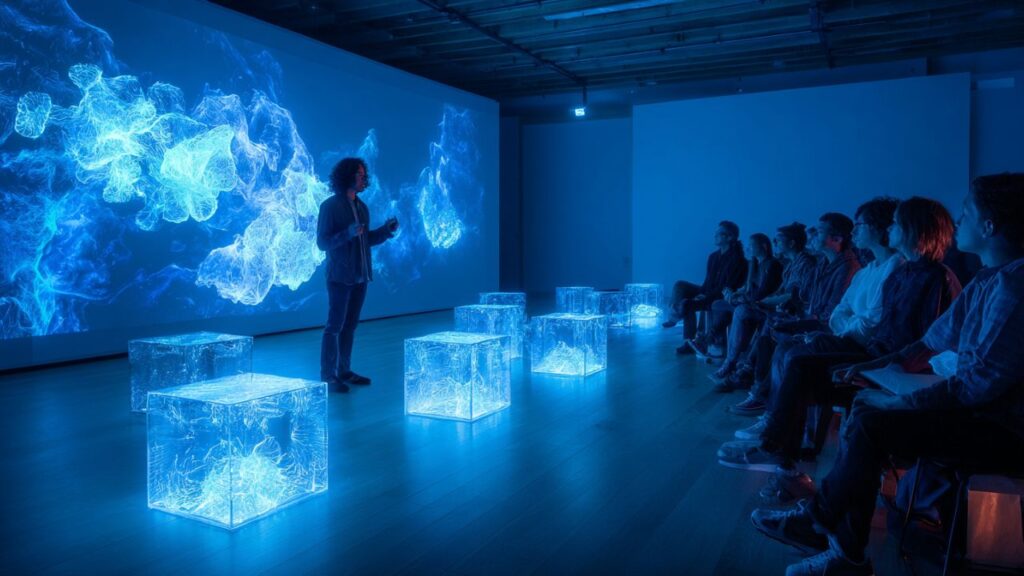 Artist presenting a digital projection at a futuristic art exhibit