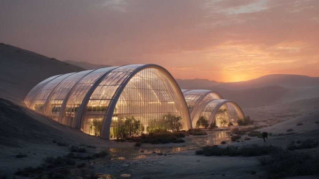 Futuristic agri-architecture in NEOM features hydroponics and smart design tailored for desert climates.