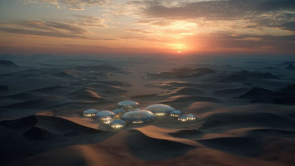 Aerial view of NEOM’s modular greenhouse project showing solar integration and bioclimatic design innovation.