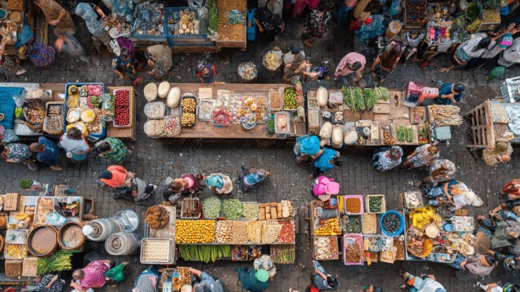 Street food market highlighting traditional recipes