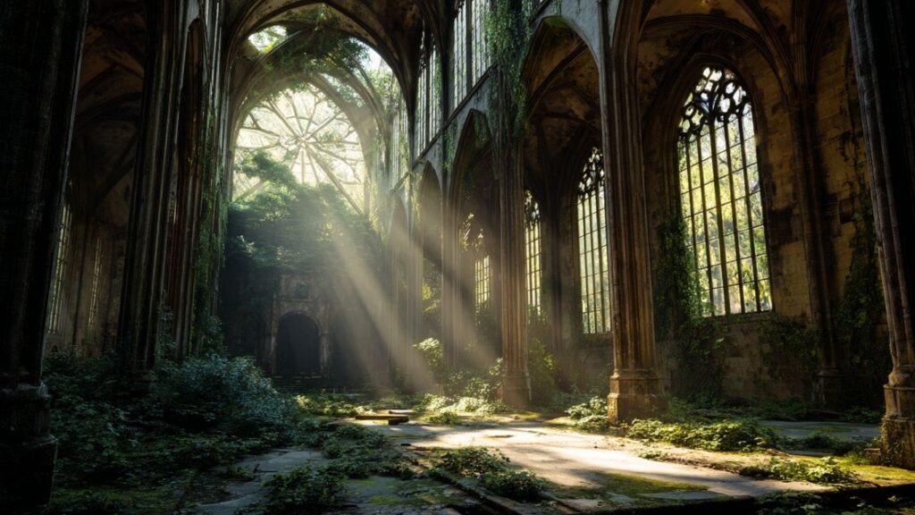 Ghost architecture of abandoned cathedral with gothic features”