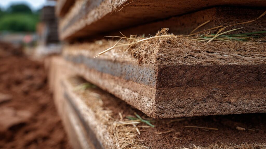 Prefabricated earthen panels on a sustainable construction site
