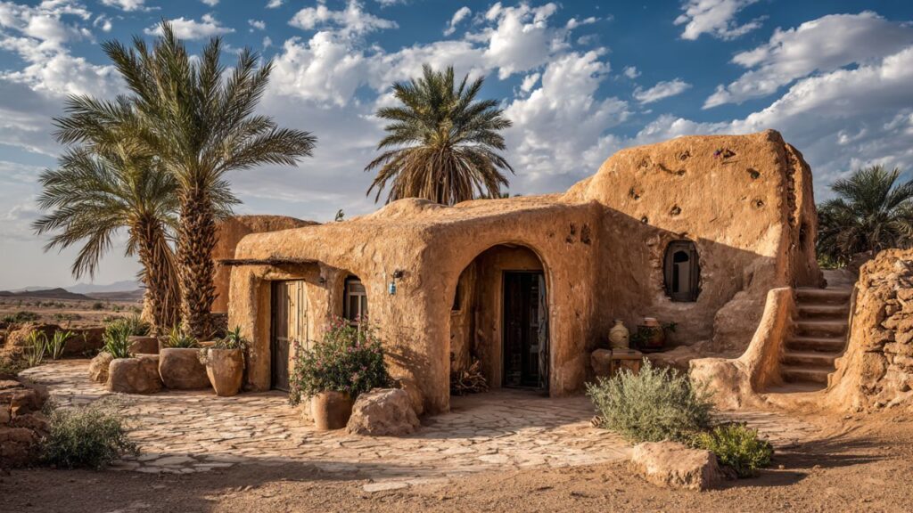 Eco-friendly adobe home in Moroccan desert landscape