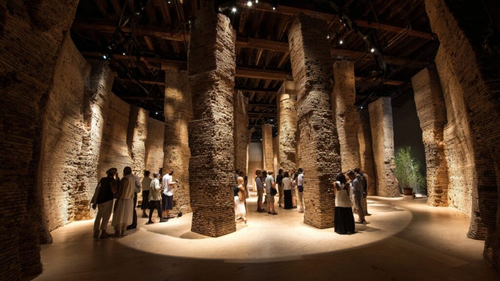 Visitors exploring the Moroccan Pavilion at Venice Biennale 2025