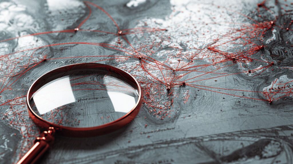 Map with red lines showing secret cruise destinations with a vintage feel