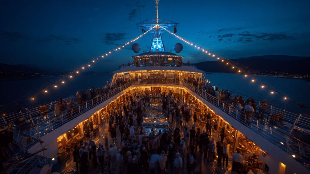 Cruise ship at night with guests gathered for surprise destination reveal