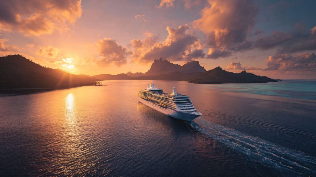 Luxury cruise ship sailing toward mystery tropical islands at sunrise