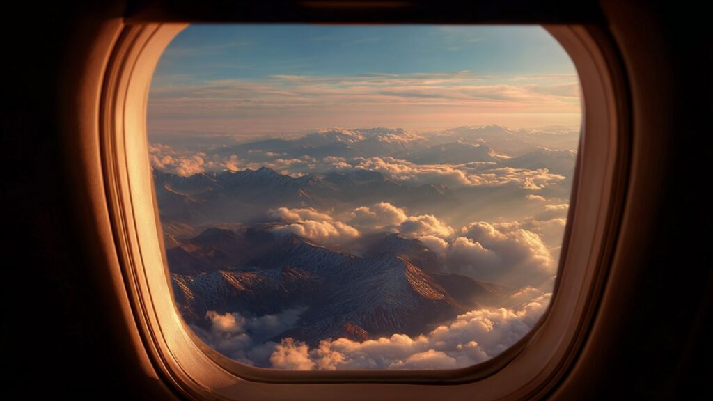 View from airplane window flying into unknown landscape