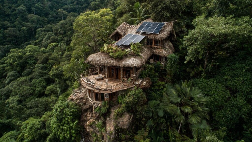 Solar-powered eco-lodge supports sustainable impact and environmental harmony.