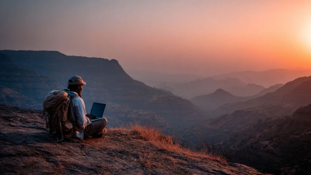 Backpacker using laptop to score travel deals