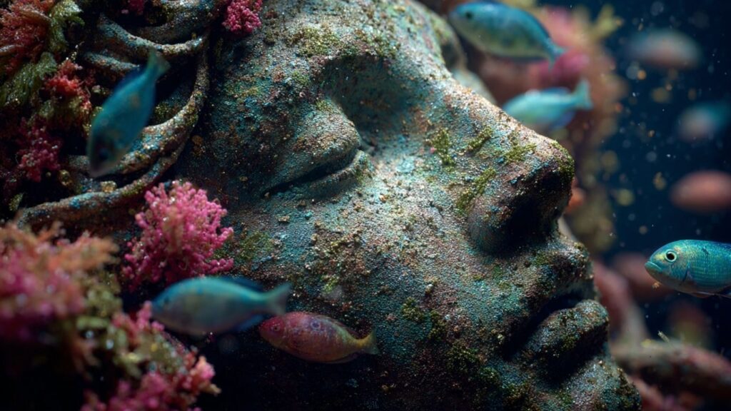 Coral-covered ocean sculptures promoting marine conservation